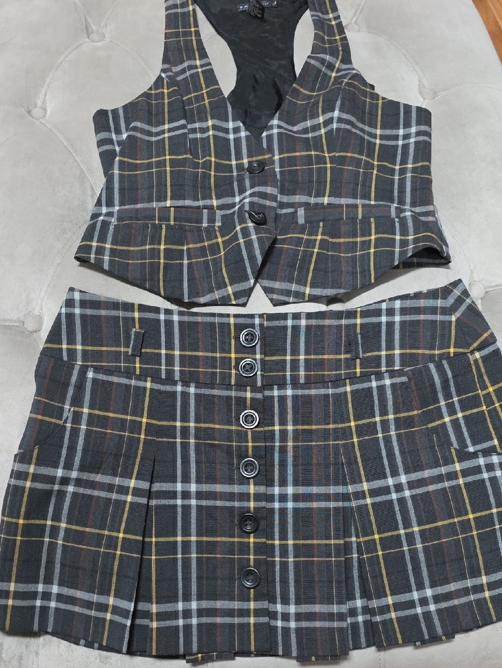 Rampage Gray Plaid Vest and Pleated Skirt Set with Yellow Stripes